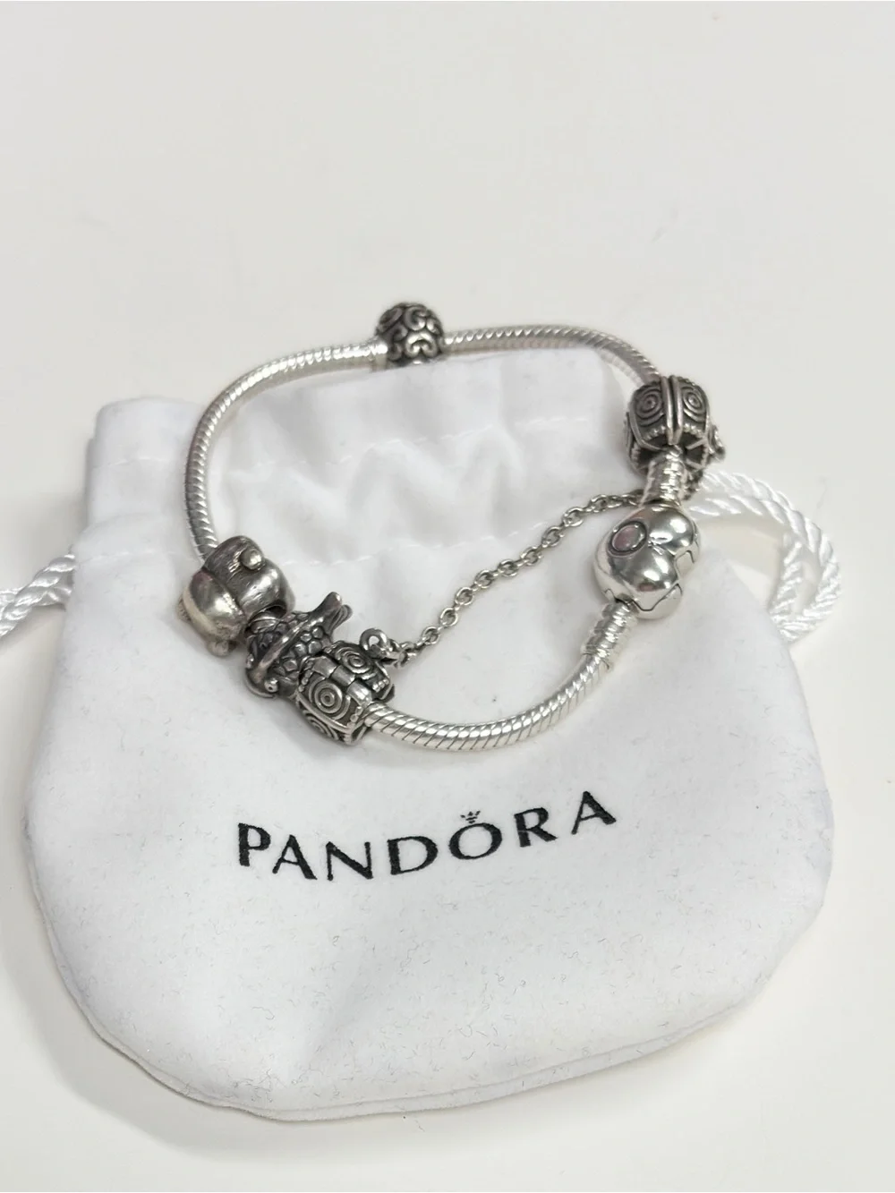 PANDORA Moments Sterling Silver Bracelet with Heart Clasp and charms